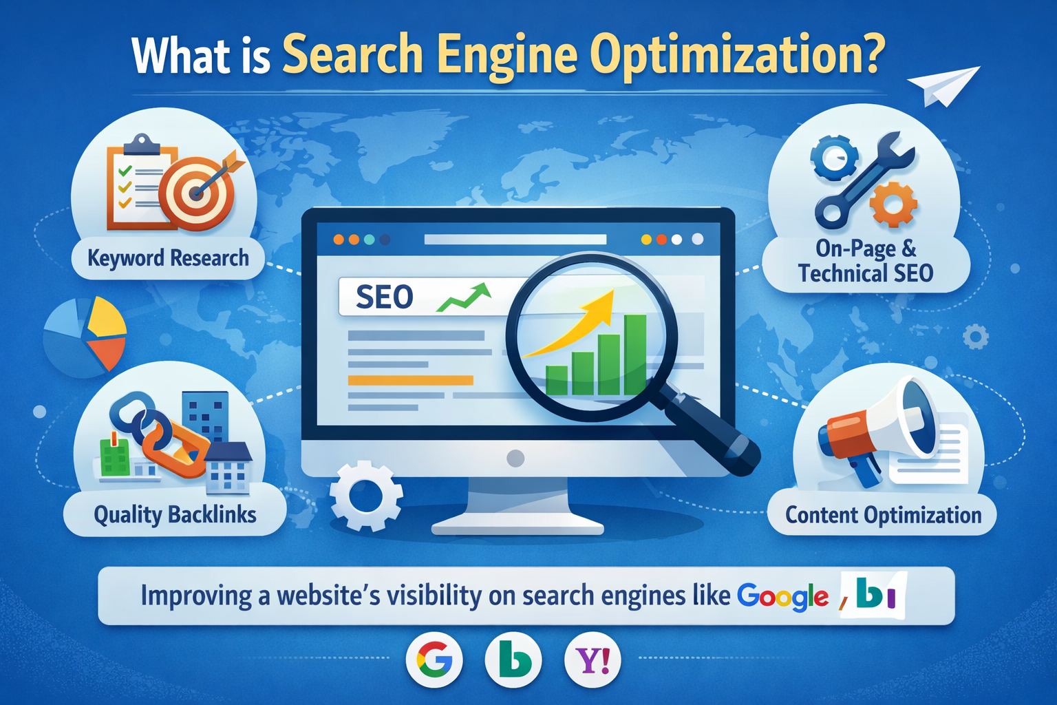 Search engine optimization process with keywords, content, backlinks, and technical SEO